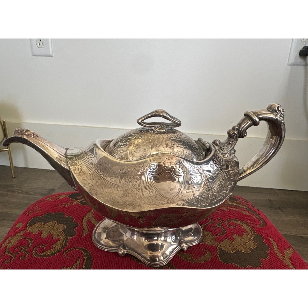 Antique Ornate Silver Plated Oil Lamp Style Teapot Engraved Scrollwork MCM